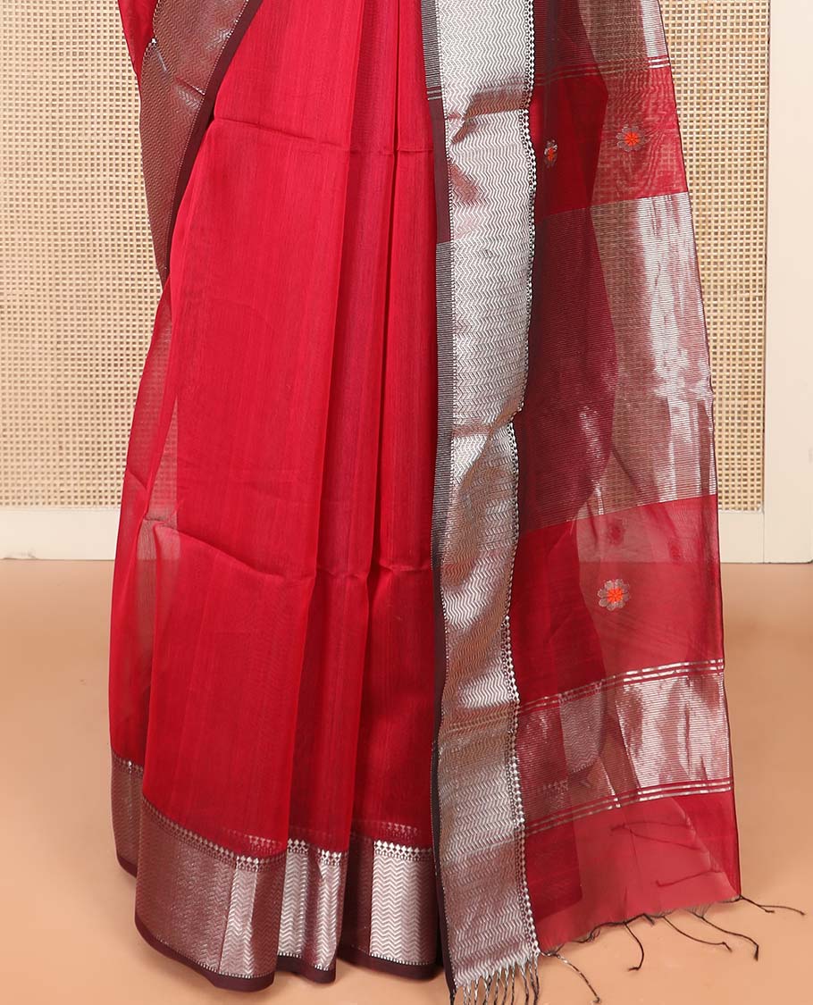 Red Maheshwari Cotton Saree Bedecked with Floral Zari Buttas, Graced with Contrast Chevron Striped Zari Border, Pallu Elevated with Zari Stripes, and Paired with a Matching Blouse