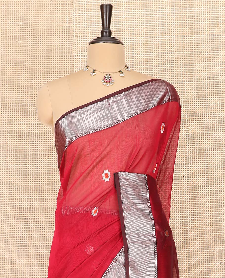 Red Maheshwari Cotton Saree Bedecked with Floral Zari Buttas, Graced with Contrast Chevron Striped Zari Border, Pallu Elevated with Zari Stripes, and Paired with a Matching Blouse