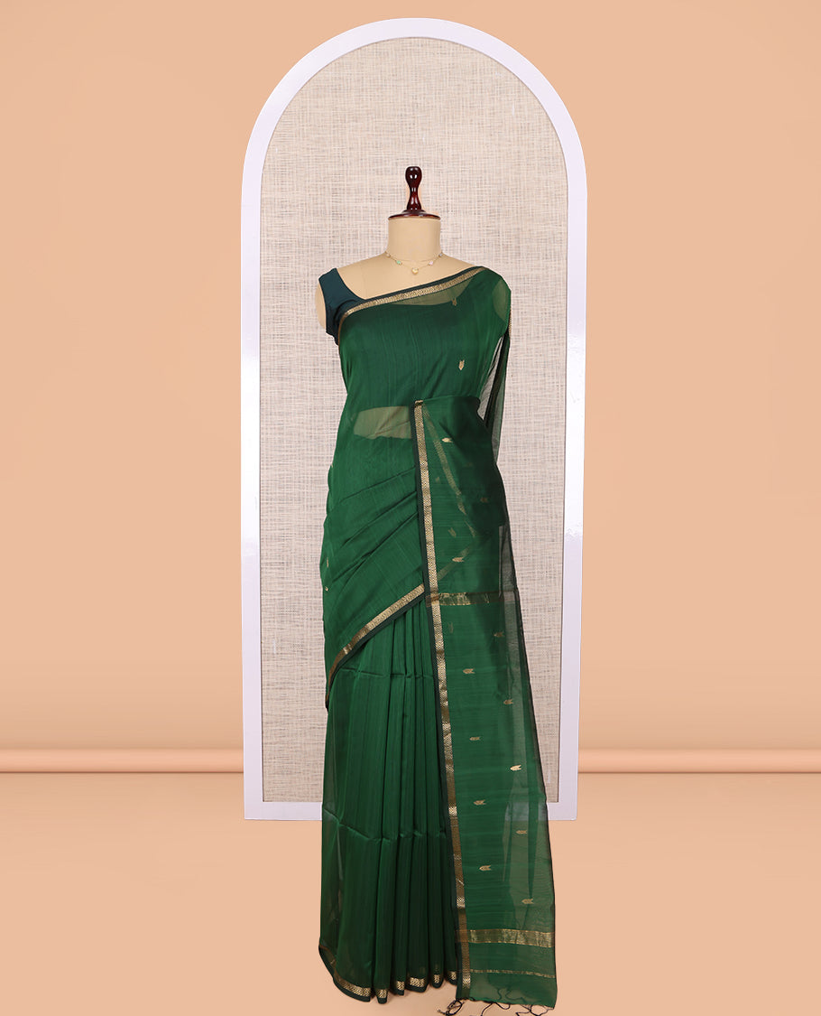 Green Maheshwari Cotton Saree, Adorned with Buttas, Highlighted by a Zari Piping Border, Pallu of Zari Buttas, and Matching Blouse