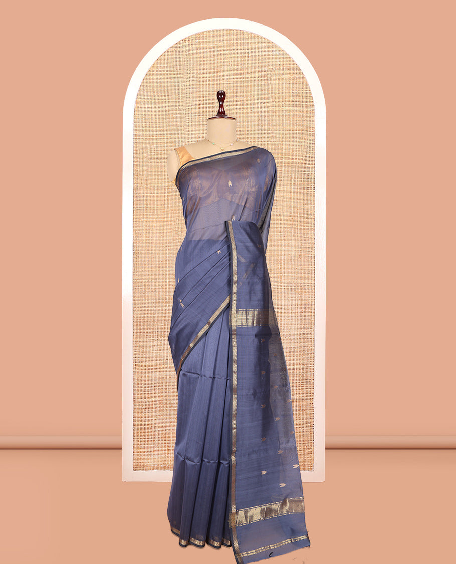 Blue Maheshwari Cotton Saree, Enthralled with Zari Buttas, a Zari Piping Border, Zari Buttas Pallu, and a Matching Blouse