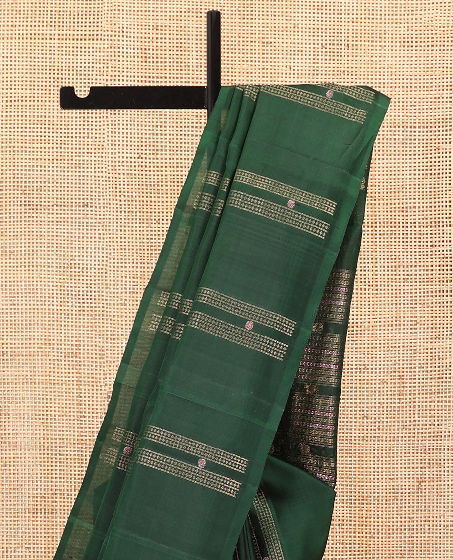 Borderless Green Mayuri Soft Silk Saree, Embellished with Stripes, Diamonds, and Poun Buttas All Over Its Body, Highlighted by a Geometric Design Pallu, and Paired with a Matching Blouse