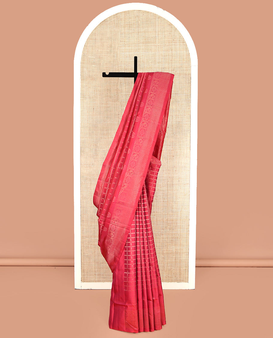 Red Mayuri Lite Silk Mix Saree, Sparsely Woven with Checked Design All Over Its Body, Highlighted by a Zari Traditional Border, Sparsely Woven Pallu, and Paired with a Matching Blouse