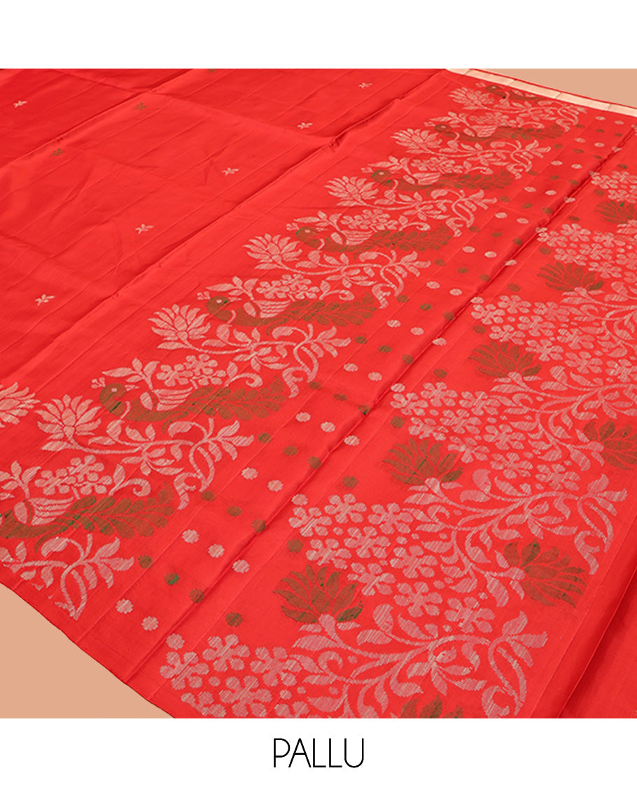 Red Mayuri Soft Silk Saree, Subtly Sparkled with Buttas, Highlighted by a Self-Border of Floral and Peacock Design, Pallu Mirrors the Same Design, and a Matching Blouse