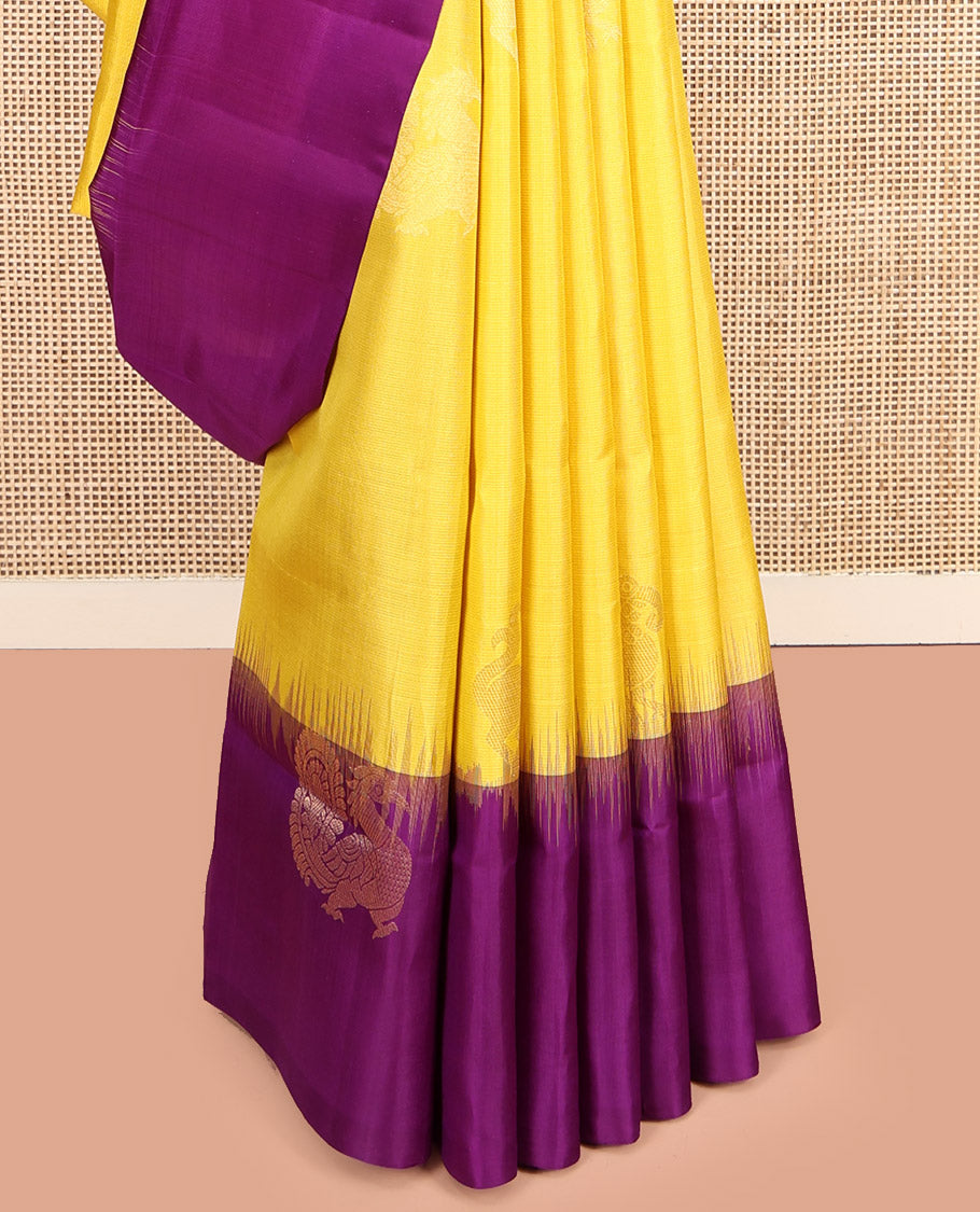 Yellow Mayuri Soft Silk Saree, Sparsely Woven with Mayil Buttas, Contrast Border of Mayil Designs, Pallu of Butta Enclosed Checks, and a Contrast Blouse