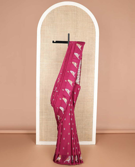 Maroon floral motifs mushru silk saree with self bird design border & floral jaal design pallu