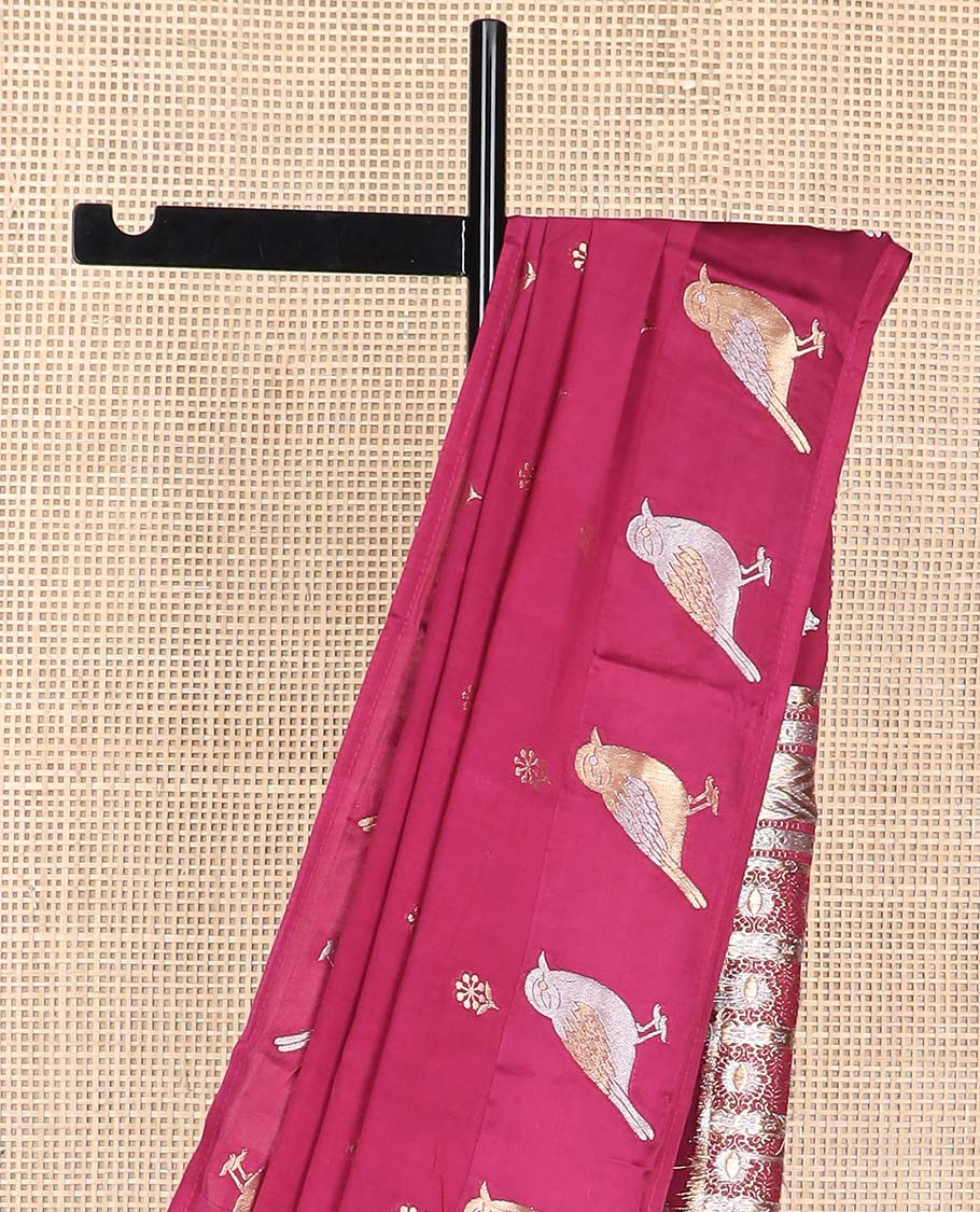 Maroon floral motifs mushru silk saree with self bird design border & floral jaal design pallu