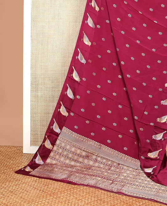 Maroon floral motifs mushru silk saree with self bird design border & floral jaal design pallu
