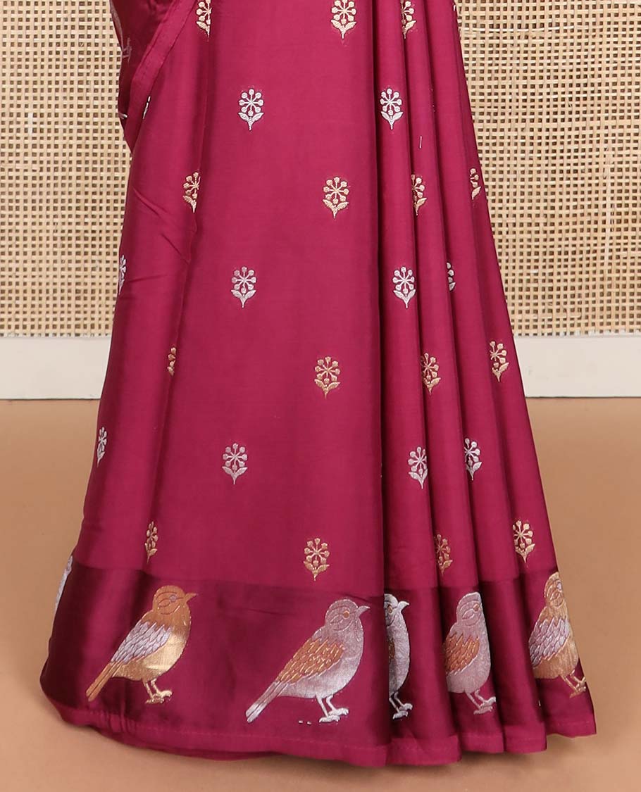 Maroon floral motifs mushru silk saree with self bird design border & floral jaal design pallu