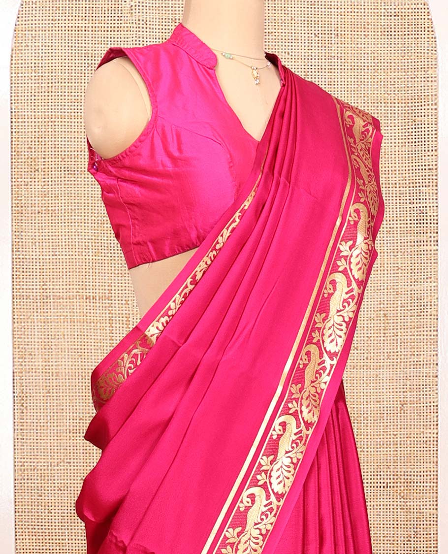 Pink Plain Mysore Silk Saree, Highlighted by a Traditional Zari Border of Peacock Designs, Pallu Steeped with Zari Stripes, and Paired with a Matching Blouse