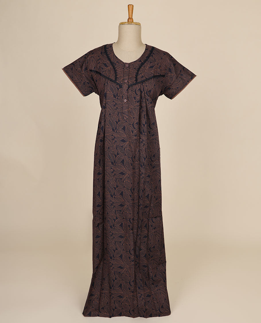 Black leaf printed & round neck with lace, cotton half-sleeve nighty