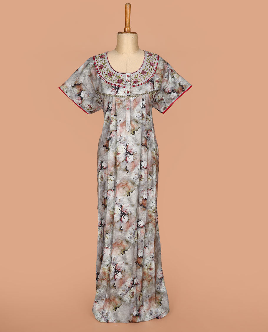 Grey floral printed with embroidered round neck half-sleeve nighty