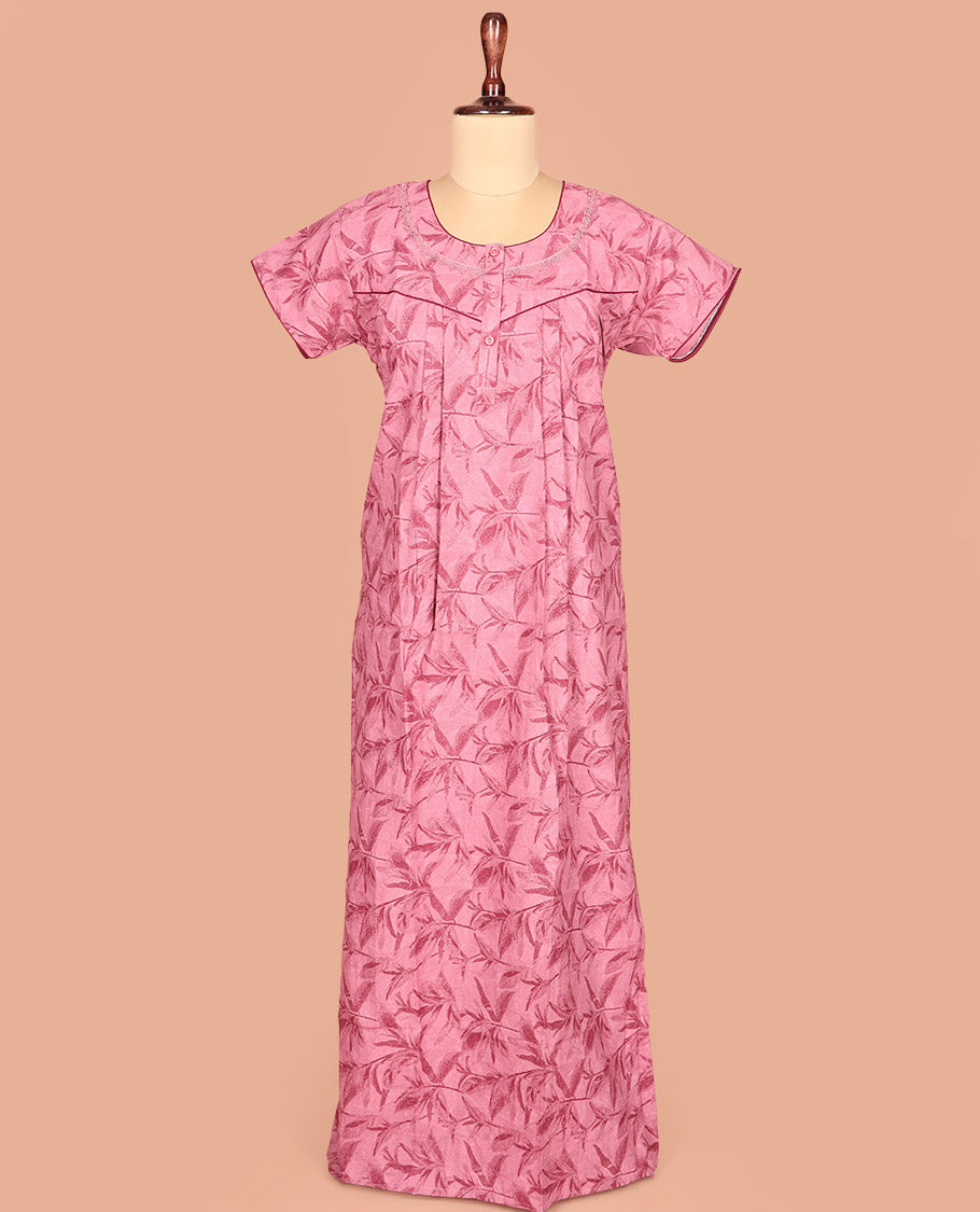 Pink Cotton Nighty Styled with Silhouette Floral Motifs Print, Featuring Lace Work, Round Front Neck, and Half Sleeves