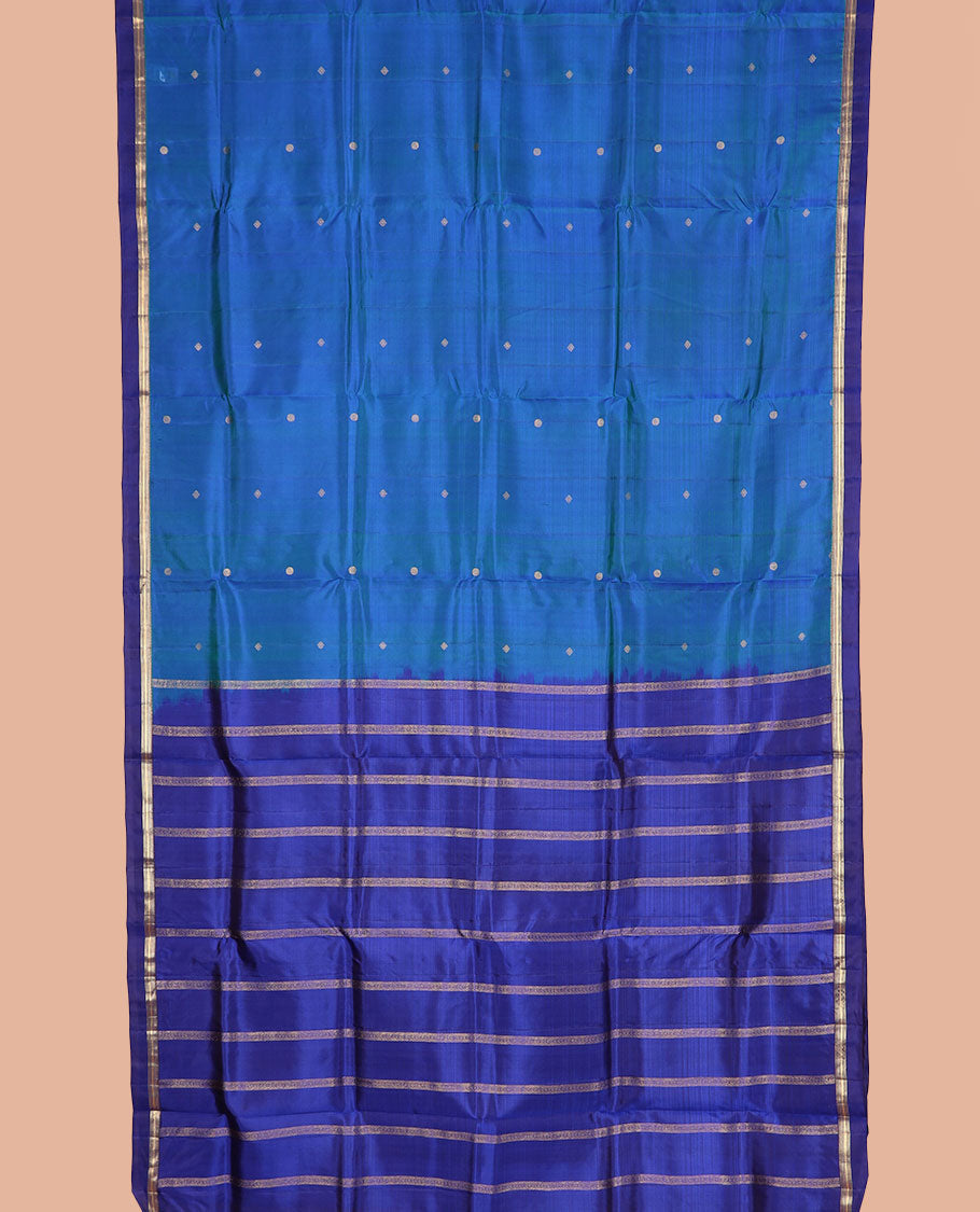 Blue zari buttas nine-yard silk saree, contrast kaal erangina border of rekku and banaras designs, and pallu of zari designs