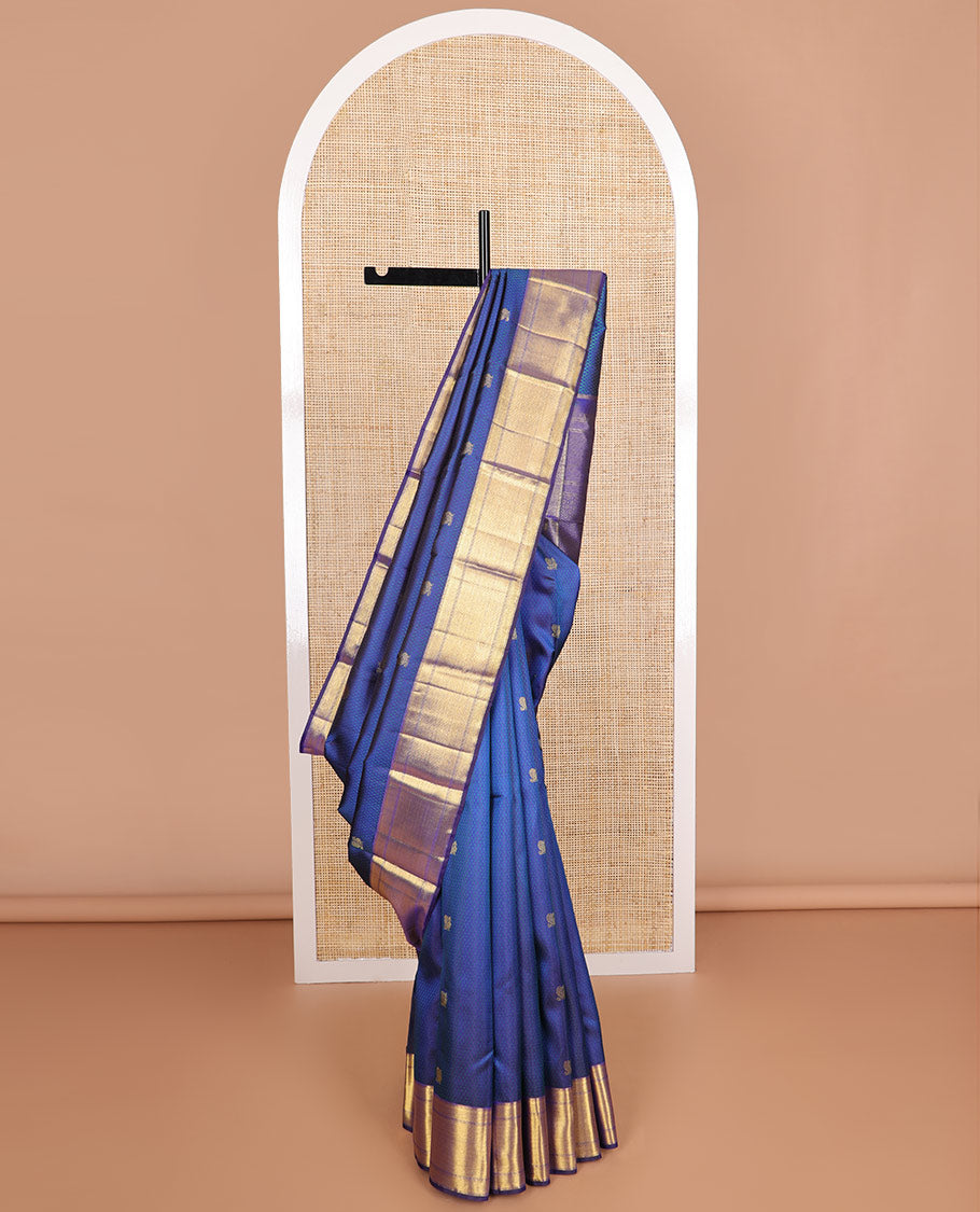 Blue checked, mayil buttas silk saree with self border of muthu, kathir, banaras design & geometric design pallu