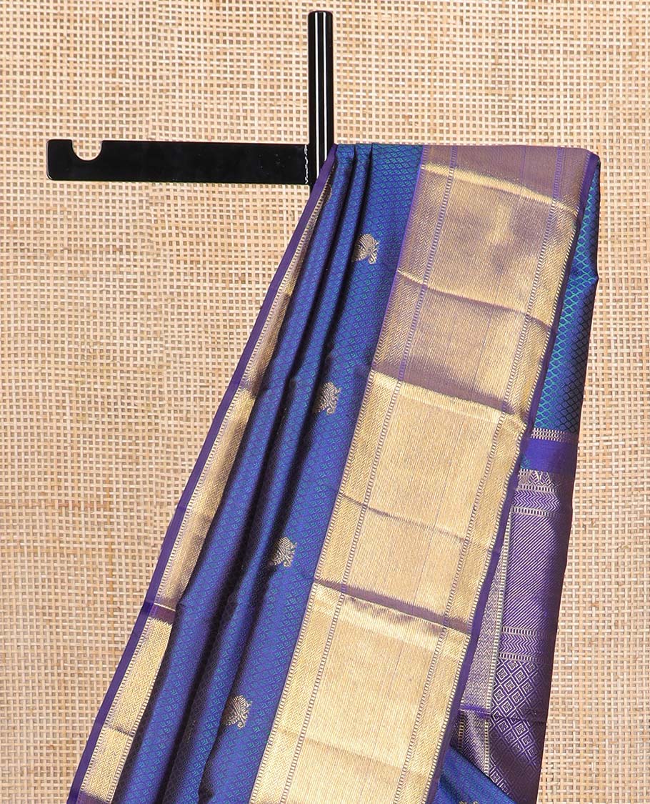 Blue checked, mayil buttas silk saree with self border of muthu, kathir, banaras design & geometric design pallu