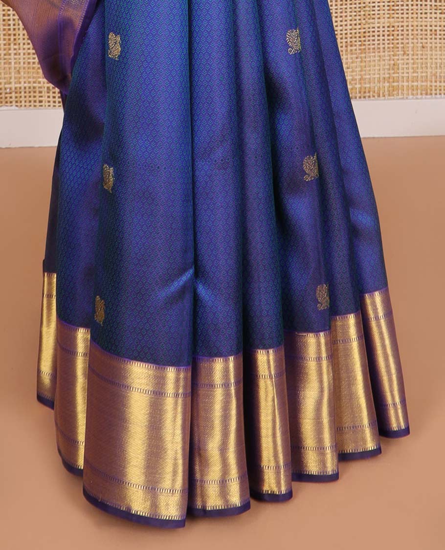 Blue checked, mayil buttas silk saree with self border of muthu, kathir, banaras design & geometric design pallu