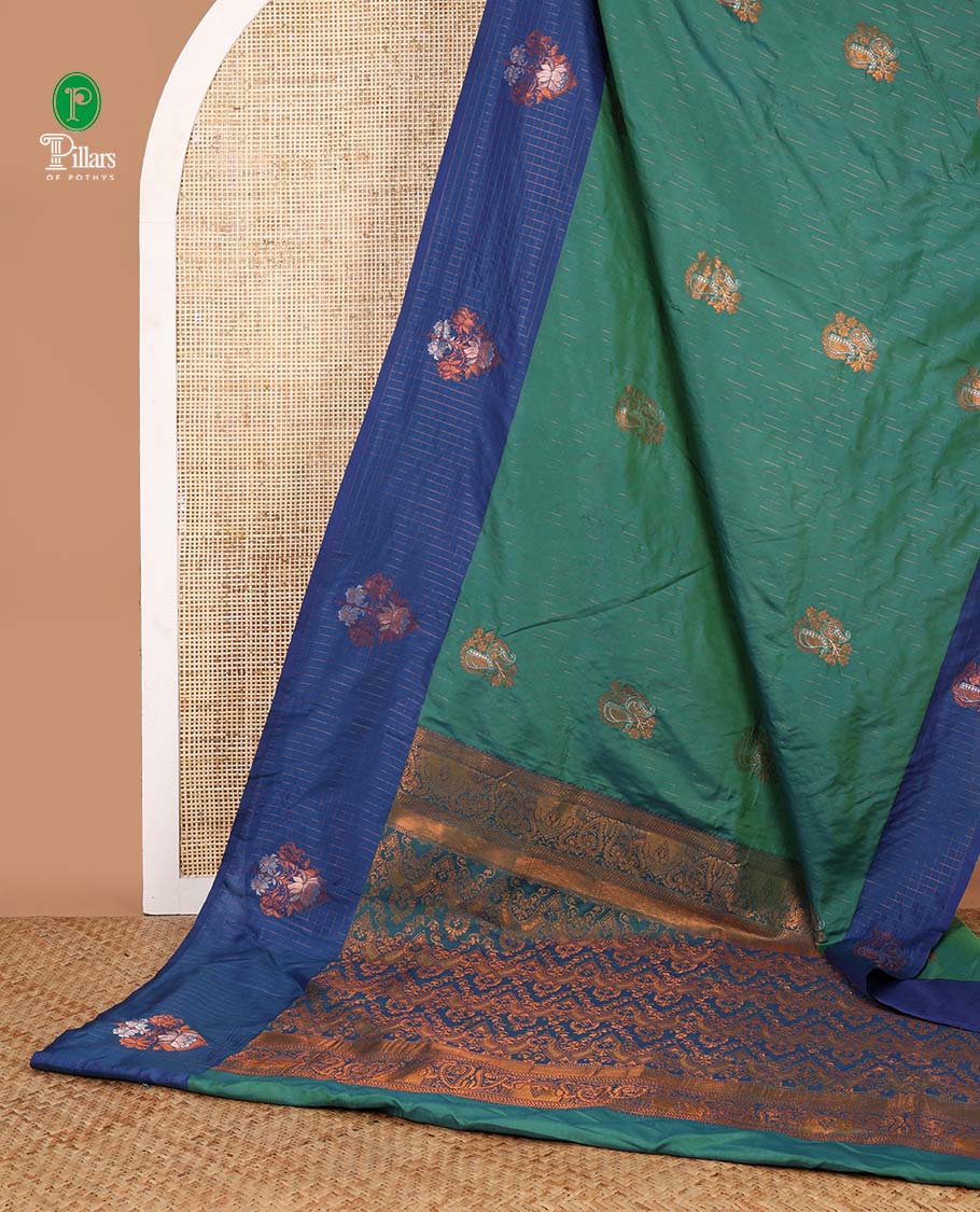 Green zari mango butta design soft silk saree with lotus flower design border & rich weaving pallu along with butta design blouse