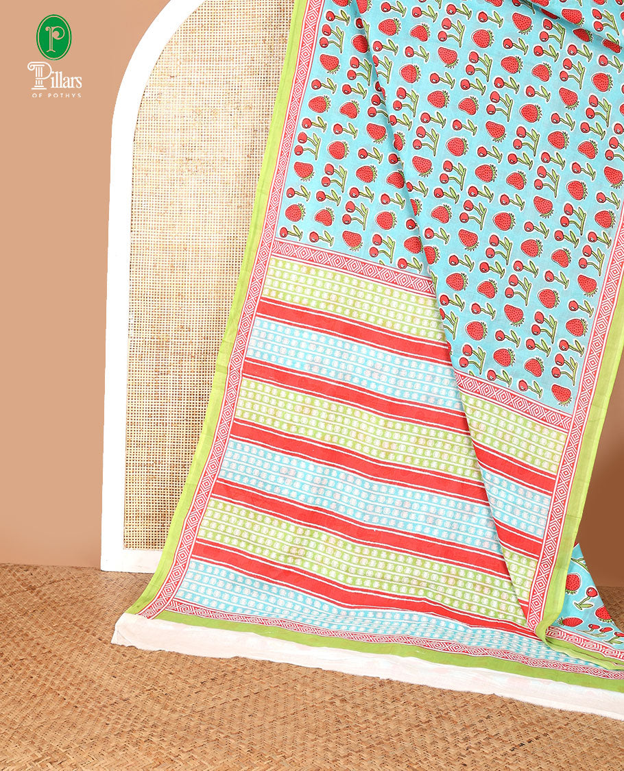 Blue with red strawberry, cherry print mul mul cotton saree with contrast geometric printed border