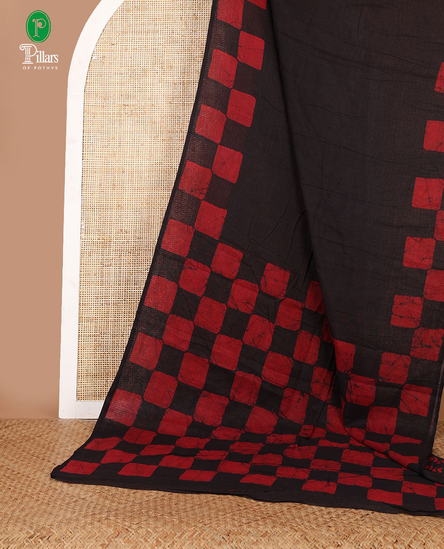 Black kota cotton saree with box type pathik printed border & printed pallu along with printed blouse