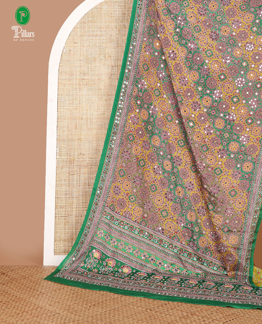 Multi-colour geometric printed, mirror work masakali saree with printed, mirror work border & printed pallu along with plain blouse