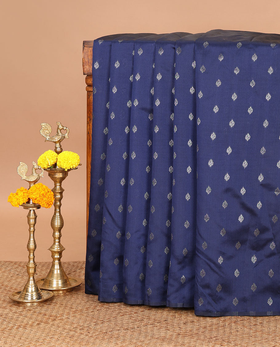Borderless navy blue thousand zari buttas kanchi silk saree, self-pallu of buttas and stripes in zari