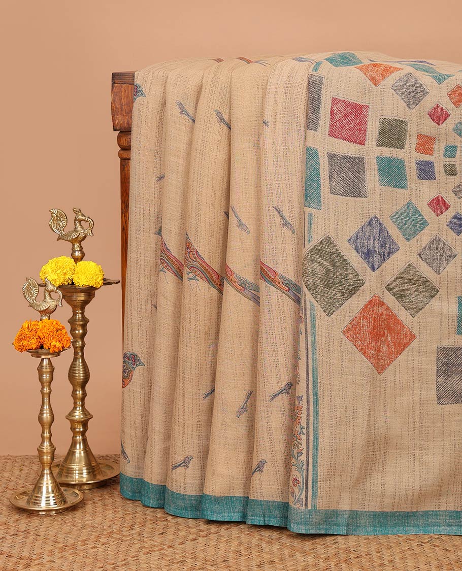 Cream colorful bird motifs digital printed linen cotton saree, contrast piping border & kaleidoscopic-colored pallu of floral creeper & geometric print