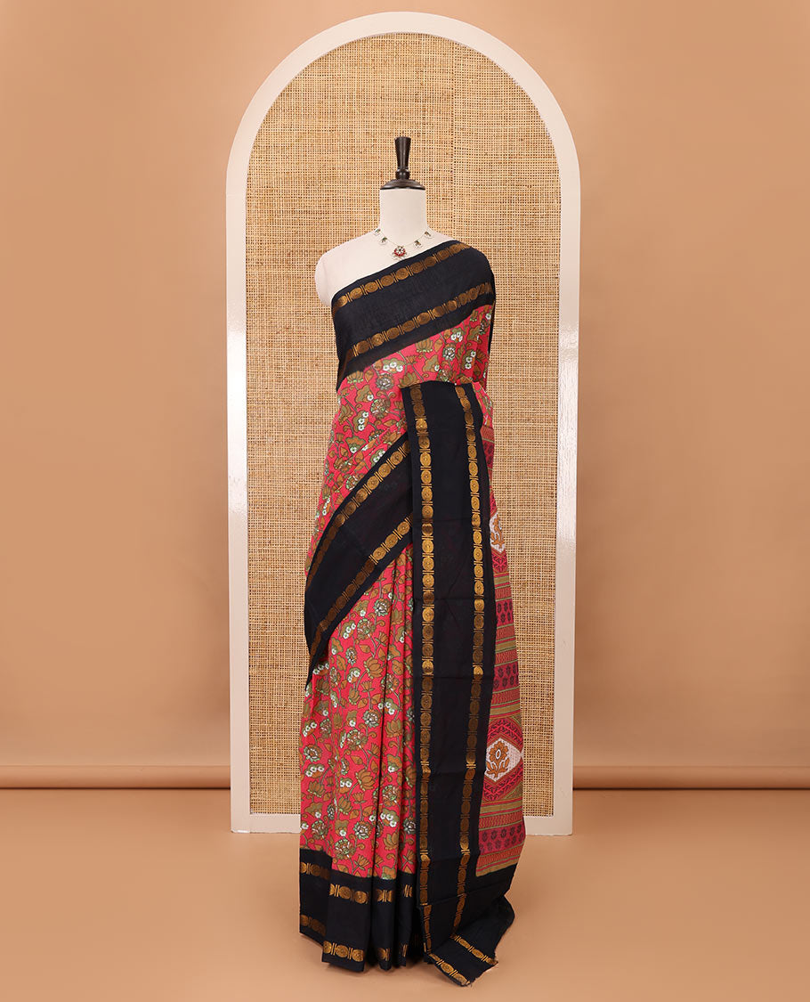 Pink lotus design printed sungudi cotton saree, contrast rettai pettu zari border, geometric pallu & running blouse