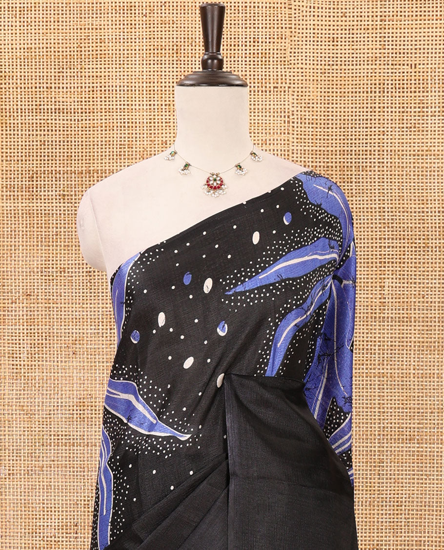 Black-base plain body khadi cotton saree with batik-style blue-color floral & dots printed on its border & pallu, plain black blouse