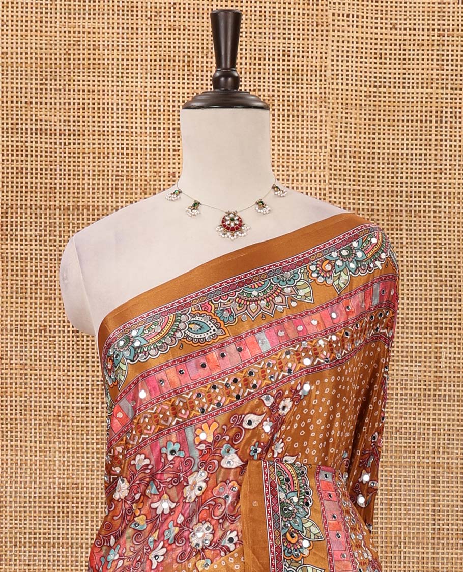Mustard-base Red-base floral bandhani-theme printed & real mirror embroidery masakali saree, self-border, printed mirror work pallu & matching blouse