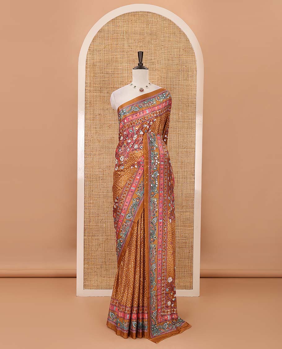 Mustard-base Red-base floral bandhani-theme printed & real mirror embroidery masakali saree, self-border, printed mirror work pallu & matching blouse