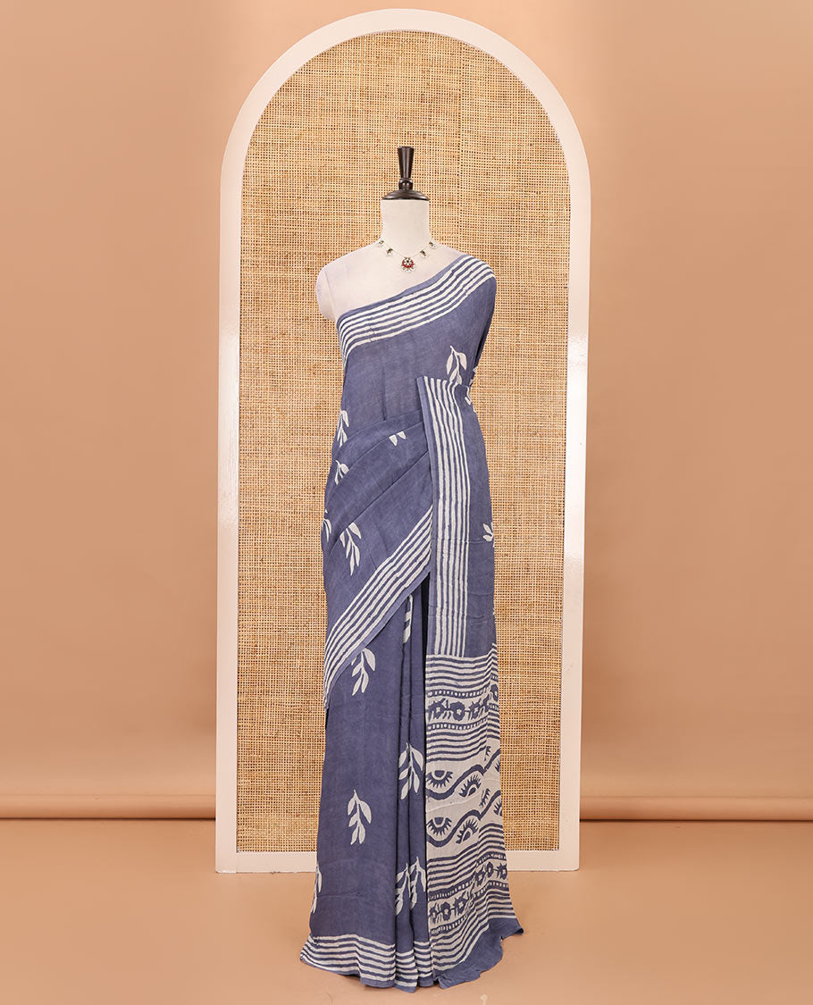 Grey leaf batik printed georgette saree, batik-printed striped border, floral-geometric batik printed pallu & batik printed blouse
