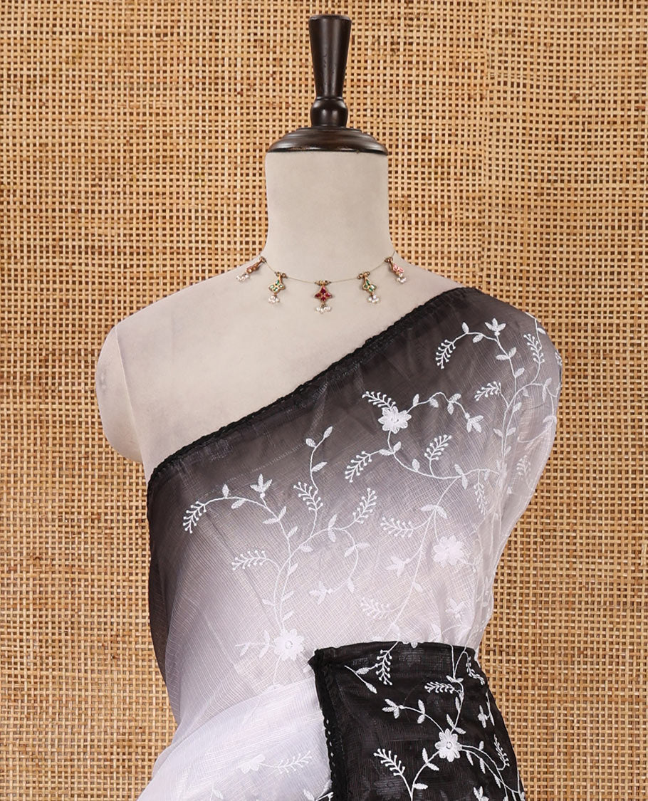 White-black color 2D-style print & floral vine chikankari embroidered kota check saree, lace border & plain blouse
