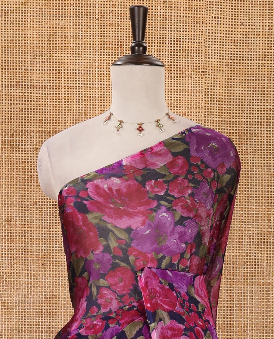 Borderless navy blue floral printed light weight chiffon saree with plain blouse