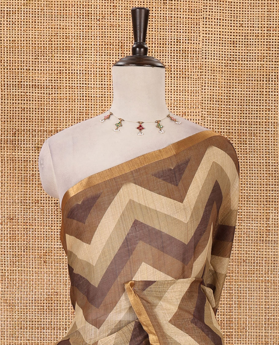 Brown zig-zag stripes printed linen cotton saree, piping zari border, kalamkari floral-peacock printed pallu & contrast printed blouse
