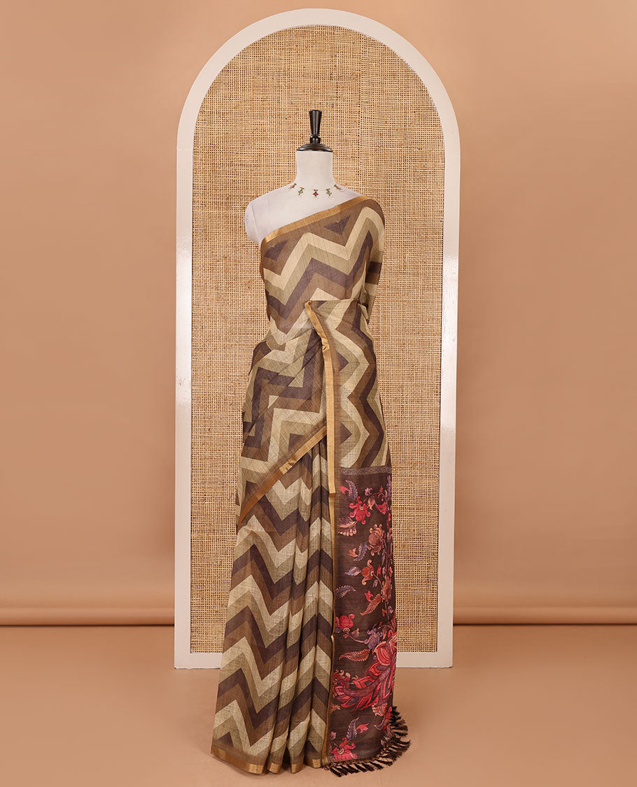 Brown zig-zag stripes printed linen cotton saree, piping zari border, kalamkari floral-peacock printed pallu & contrast printed blouse