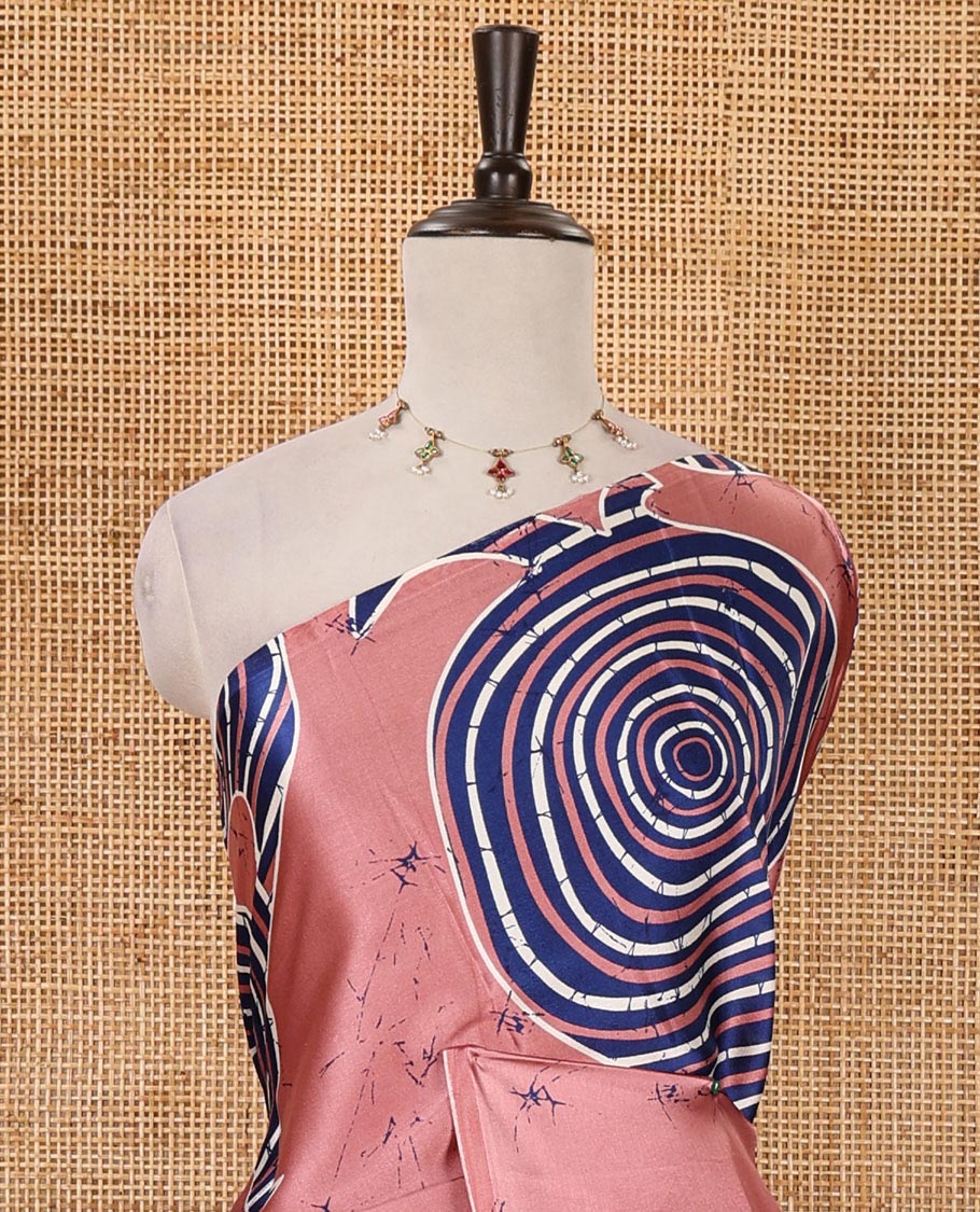 Borderless onion pink batik-style spiral printed satin crepe saree, printed pallu & matching printed blouse