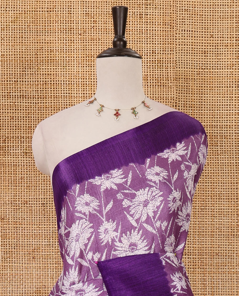Violet sunflower motifs printed Khadi cotton saree, contrast plain border, patola geometric printed pallu & contrast blouse