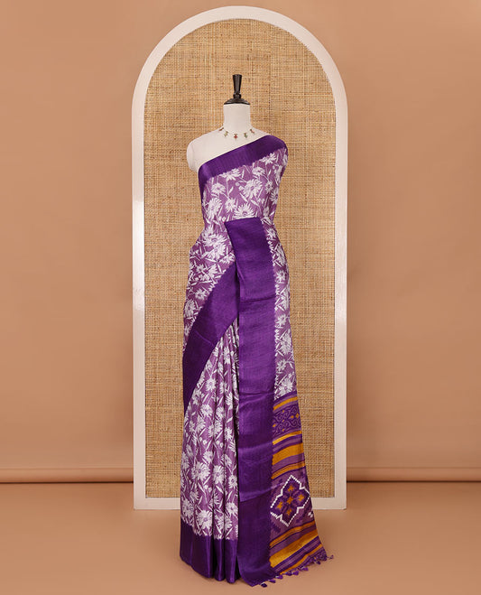 Violet sunflower motifs printed Khadi cotton saree, contrast plain border, patola geometric printed pallu & contrast blouse