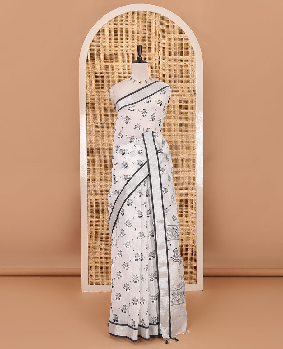 White-black flying bird motifs printed linen saree, silver bavanji border, printed pallu & plain blouse