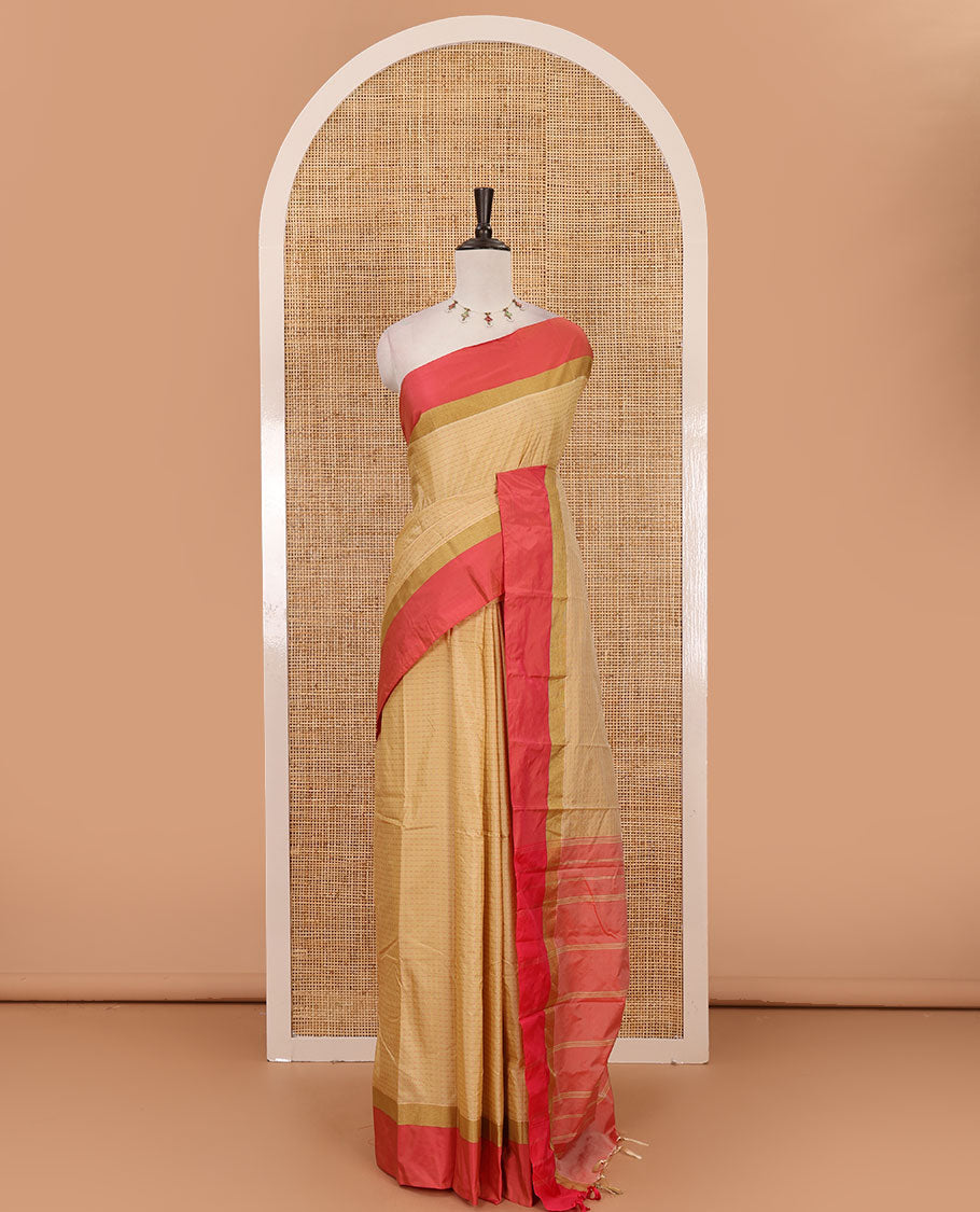 Light Chikku plus thread buttas semi-soft saree, contrast zari satin border, striped pallu & contrast plain blouse