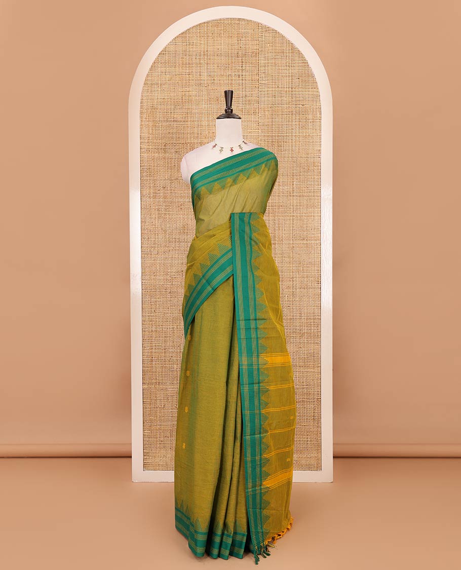 Mehendi green thread buttas Chettinad cotton saree, contrast temple striped thread border, striped pallu & plain blouse
