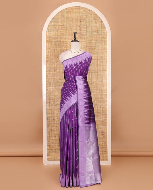 Violet vertical striped & parrot motifs kanchi silk saree, contrast satin temple border, zari-rich jaal pallu & contrast zari design blouse