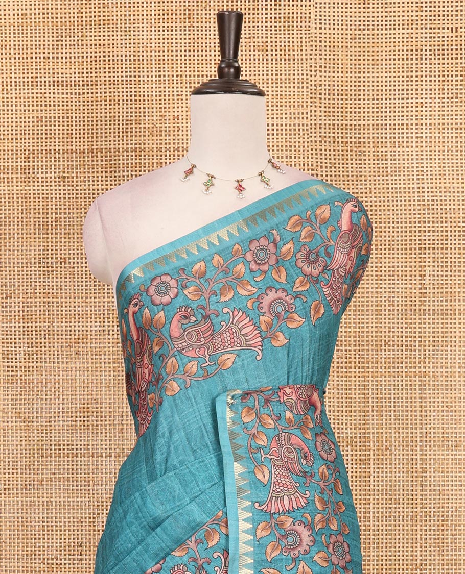 Rama green full-plain katan silk saree, double-side kalamkari floral vine and bird printed temple zari border and matching floral vine printed blouse