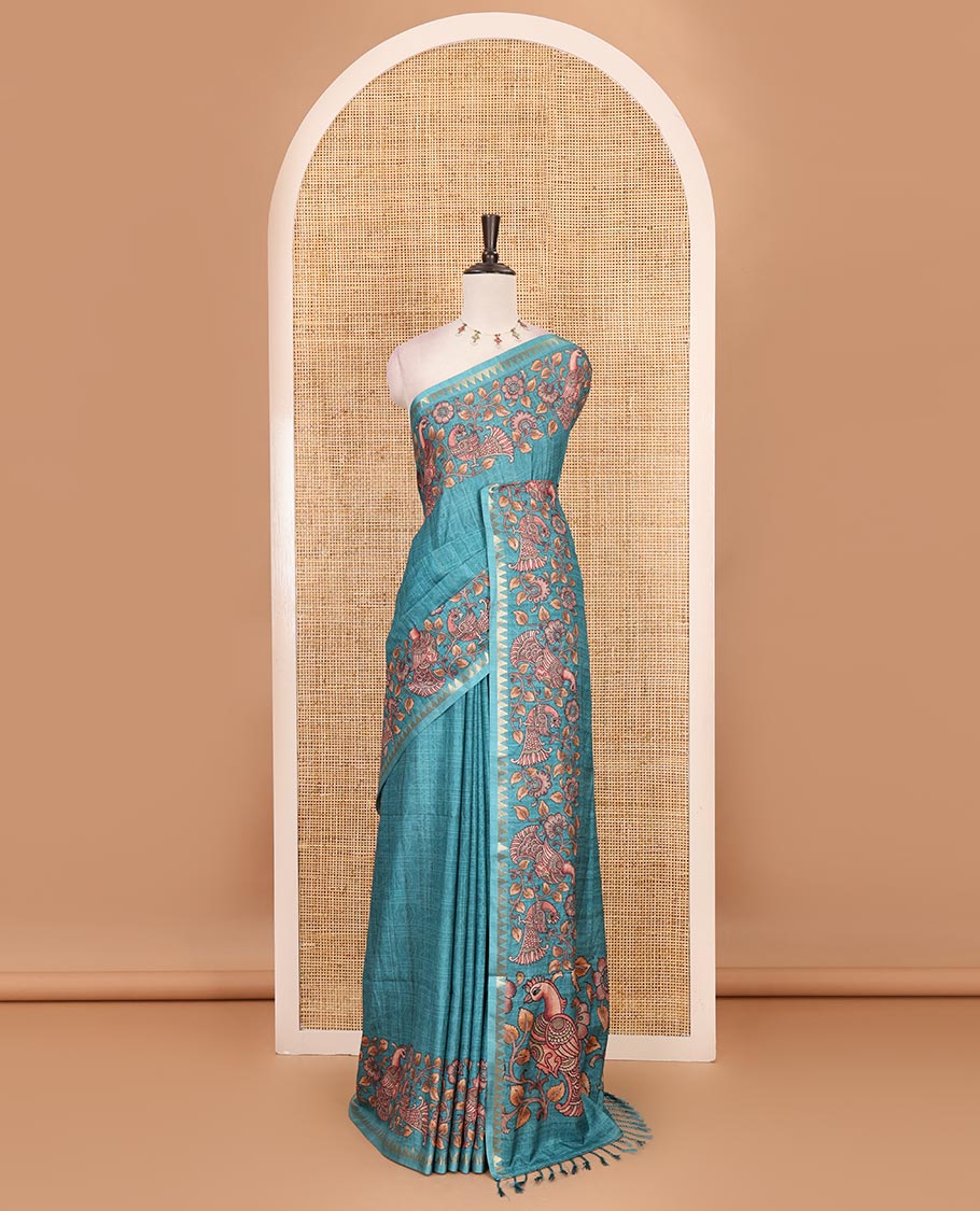 Rama green full-plain katan silk saree, double-side kalamkari floral vine and bird printed temple zari border and matching floral vine printed blouse