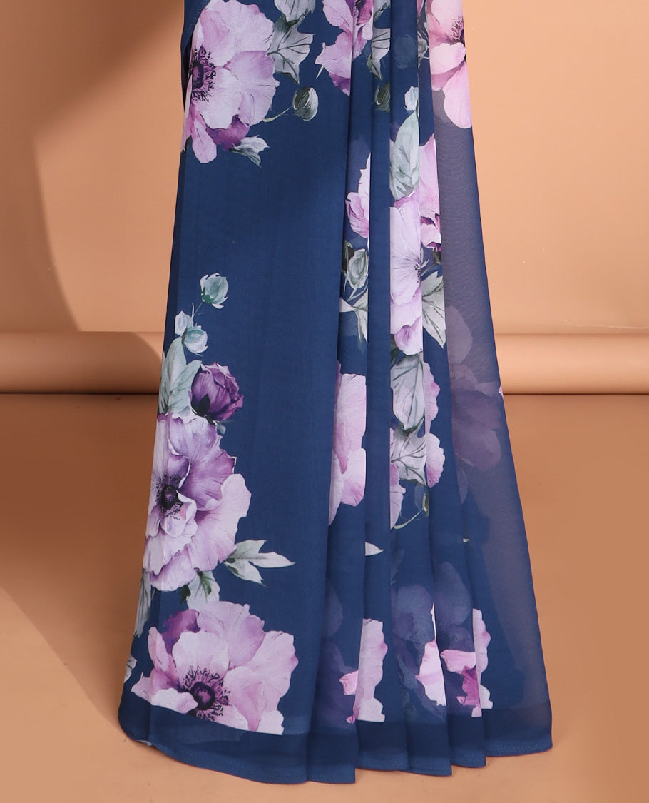 Borderless blue digital floral print georgette saree with self pallu