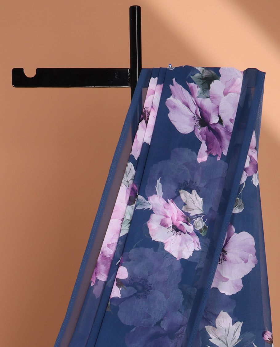 Borderless blue digital floral print georgette saree with self pallu