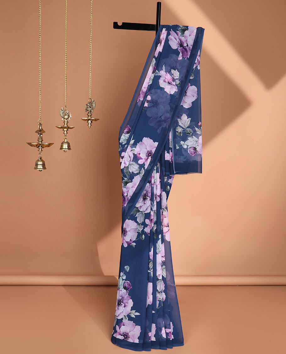 Borderless blue digital floral print georgette saree with self pallu