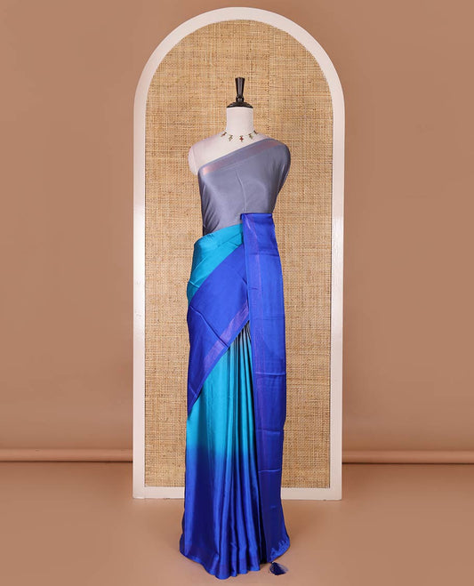 Royal blue ombre full-plain satin crepe saree, copper zari border, and plain blouse