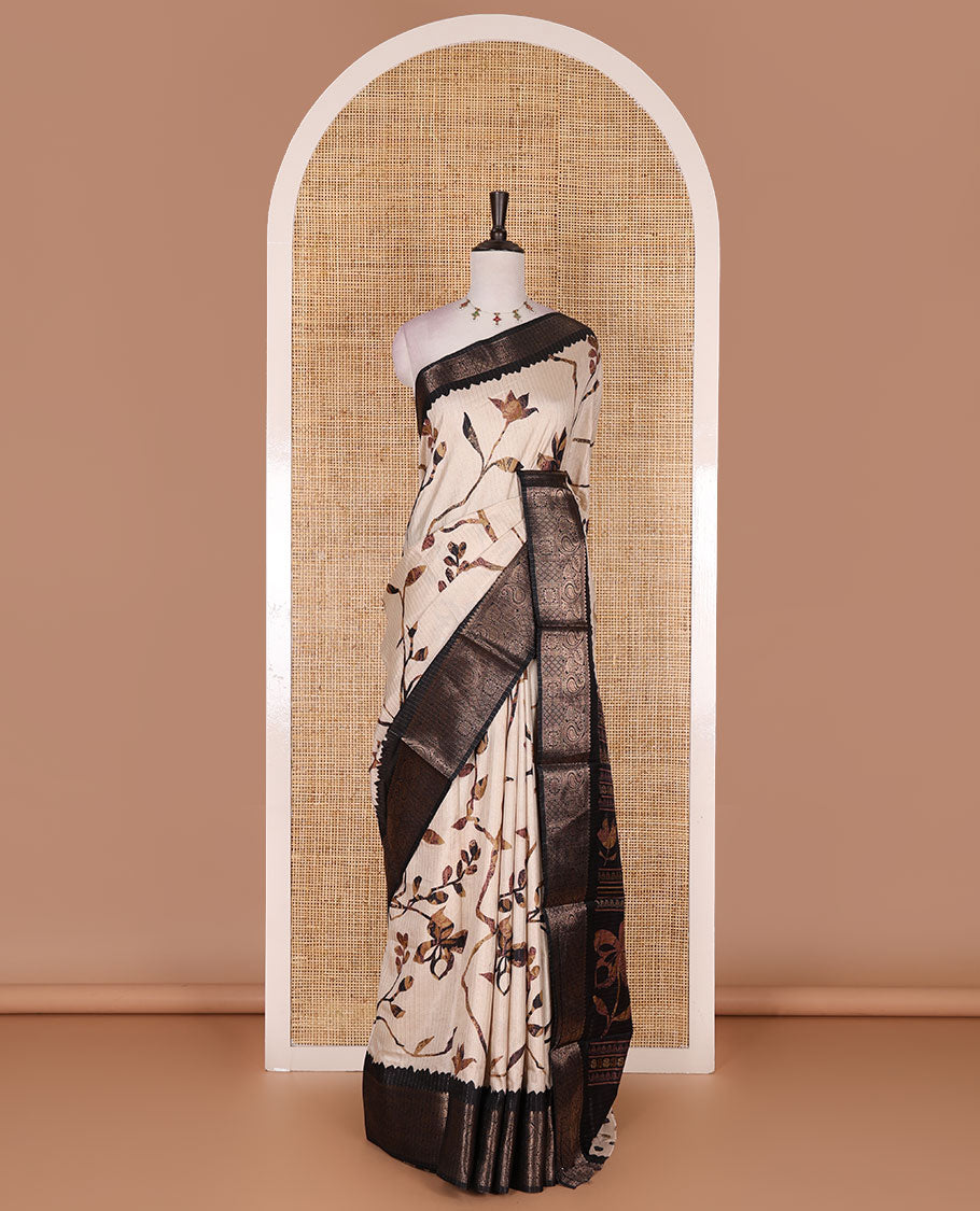 Chikku golden zari stripes, and floral vine printed dola silk saree, contrast traditional temple zari border, and floral printed pallu