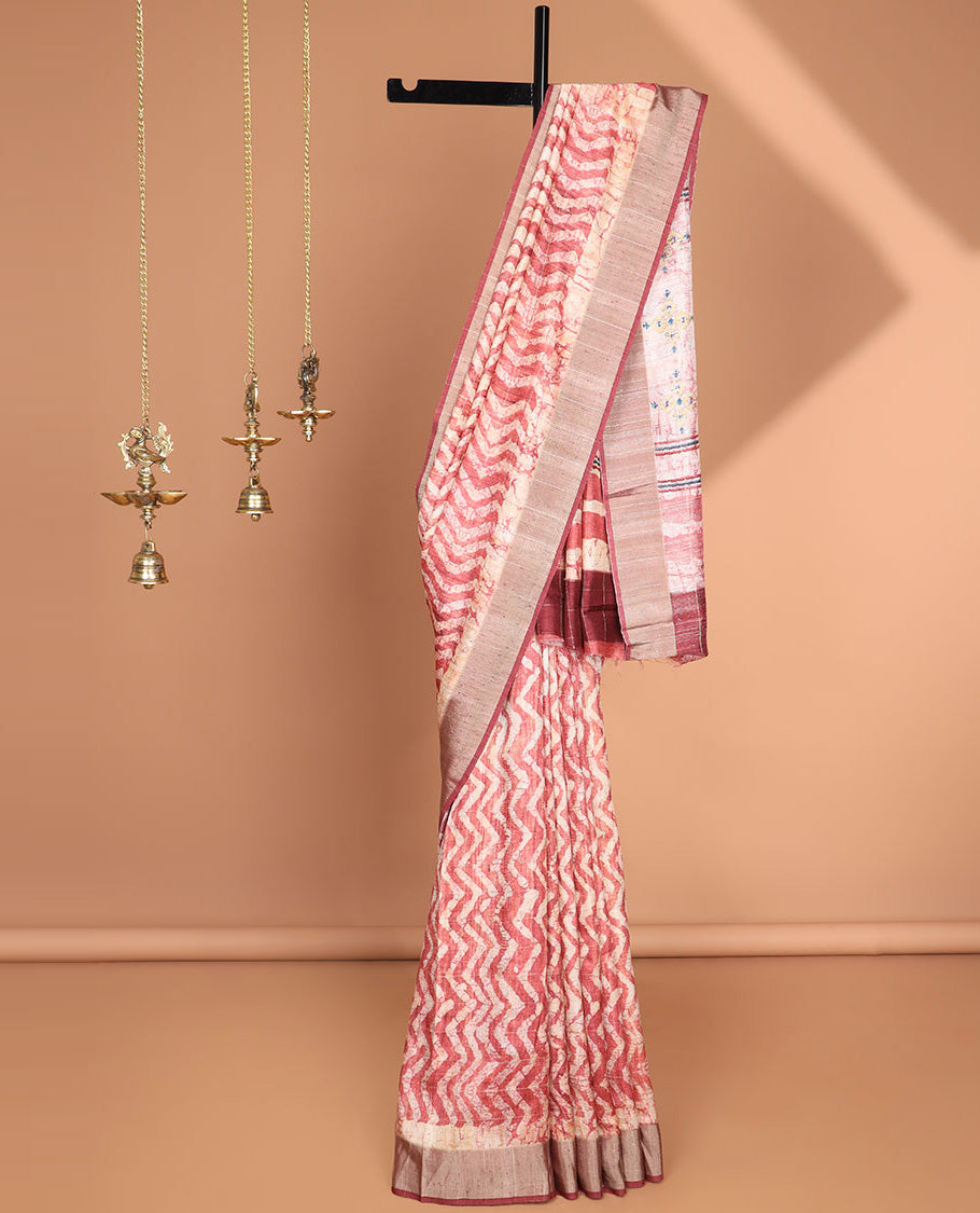 Pink all-over zig zag pathik printed semi tussar saree with bawanchi border & printed pallu along with plain blouse